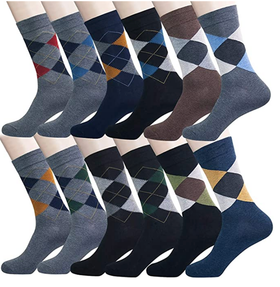 YEJIMONG Men's Colorful Novelty Dress Socks - Argyle Assorted (12 Pairs / Size 9-12 / Cotton)