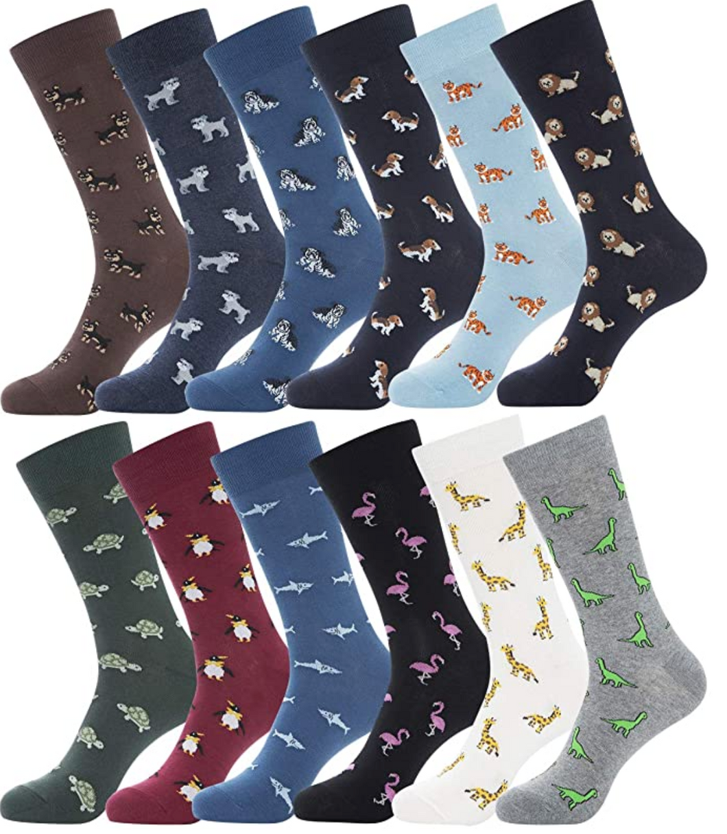 YEJIMONG Men's Colorful Novelty Dress Socks - Animal Pattern (12 Pairs / Size 9-12 / Cotton)
