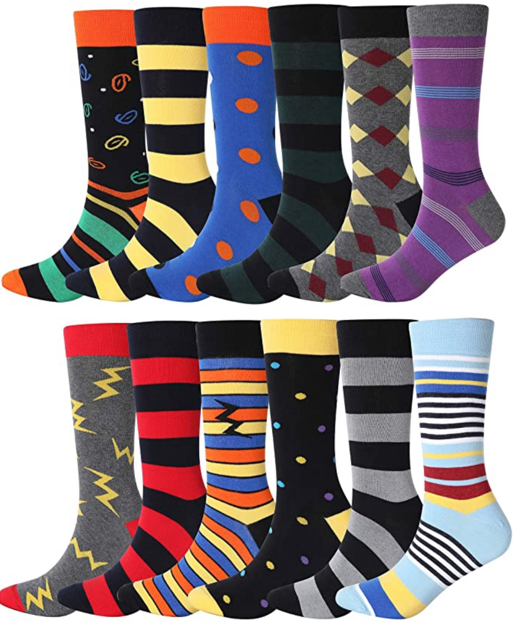YEJIMONG Men's Colorful Novelty Dress Socks - Funky Pattern (12 Pairs / Size 9-12 / Cotton)