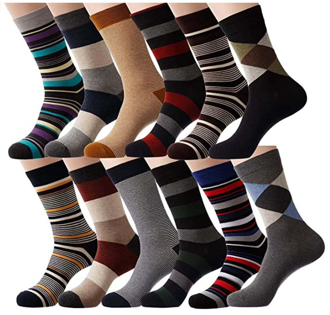 YEJIMONG Men's Colorful Novelty Dress Socks - Assorted 1 (12 Pairs / Size 9-12 / Cotton)