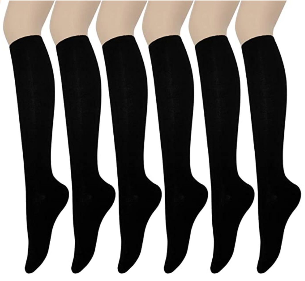 YEJIMONG Women's School Uniform / Team Sports / Tube Knee High Socks - Black (6 Pairs / Size 5-9 / Cotton)