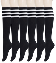 Load image into Gallery viewer, YEJIMONG Women&#39;s School Uniform / Team Sports / Tube Knee High Socks - Black &amp; White Stripes (6 Pairs / Size 5-9 / Cotton)
