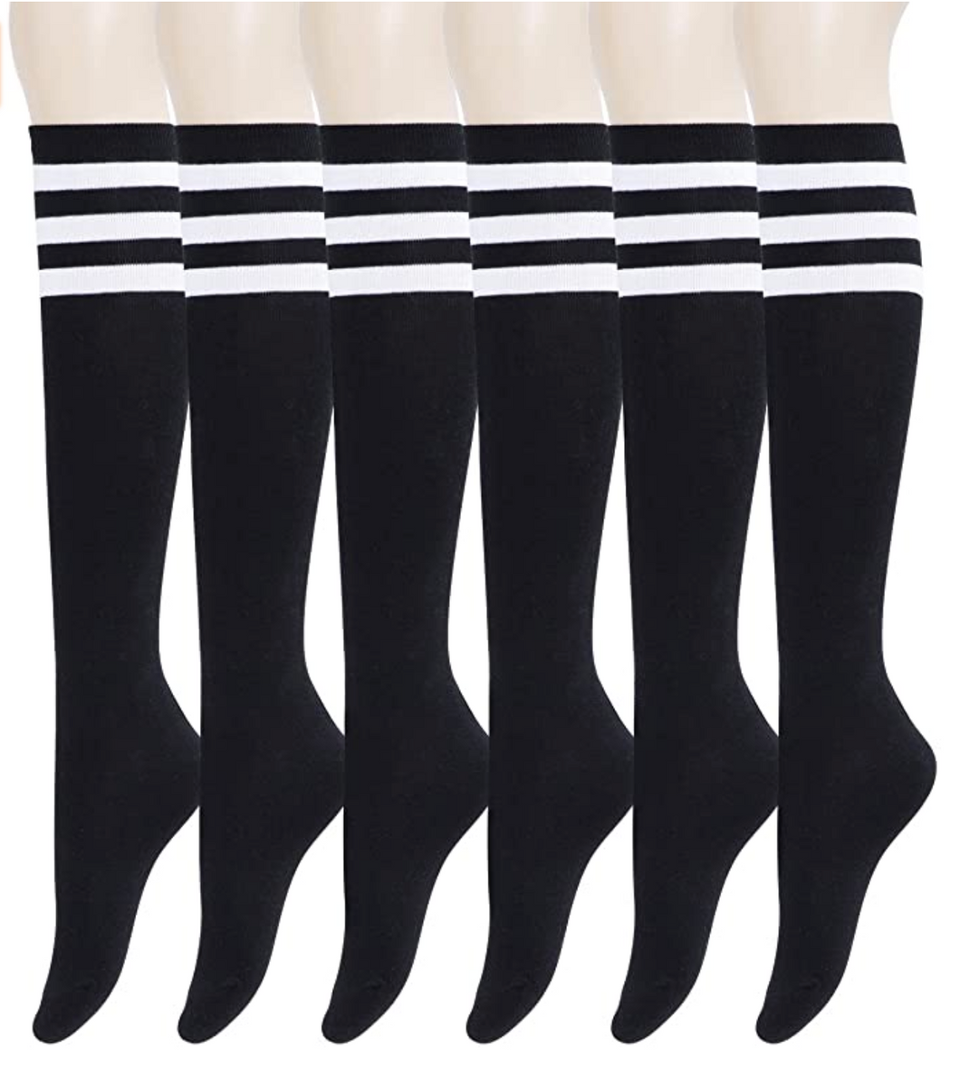 YEJIMONG Women's School Uniform / Team Sports / Tube Knee High Socks - Black & White Stripes (6 Pairs / Size 5-9 / Cotton)