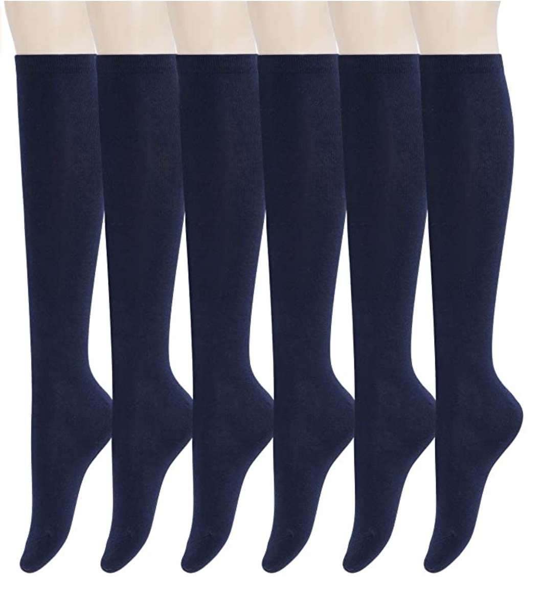 YEJIMONG Women's School Uniform / Team Sports / Tube Knee High Socks - Navy (6 Pairs / Size 5-9 / Cotton)