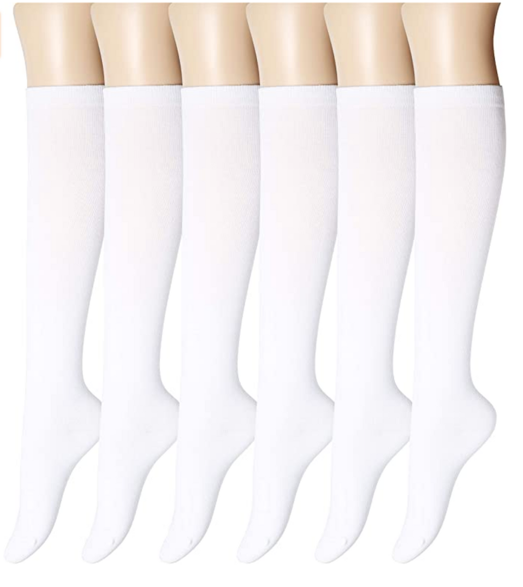 YEJIMONG Women's School Uniform / Team Sports / Tube Knee High Socks - White (6 Pairs / Size 5-9 / Cotton)