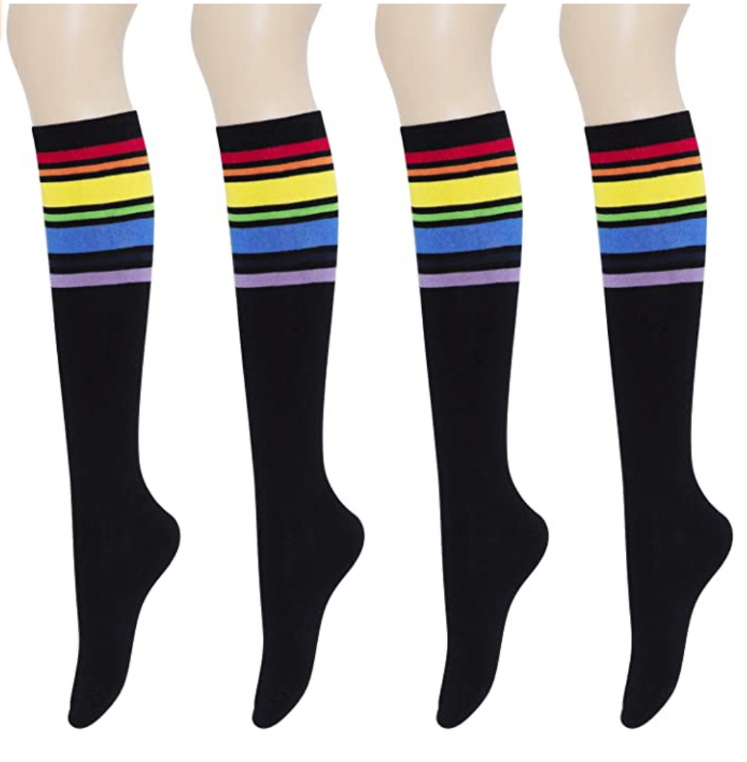 YEJIMONG Women's Striped Knee High Socks with Non-Slip Ribbed Cuffs - Black (Rainbow Stripes) (4 Pairs  / Size 6-10 / Combed Cotton)