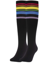 Load image into Gallery viewer, YEJIMONG Women&#39;s Striped Knee High Socks with Non-Slip Ribbed Cuffs - Black (Rainbow Stripes) (4 Pairs  / Size 6-10 / Combed Cotton)

