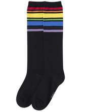 Load image into Gallery viewer, YEJIMONG Women&#39;s Striped Knee High Socks with Non-Slip Ribbed Cuffs - Black (Rainbow Stripes) (4 Pairs  / Size 6-10 / Combed Cotton)
