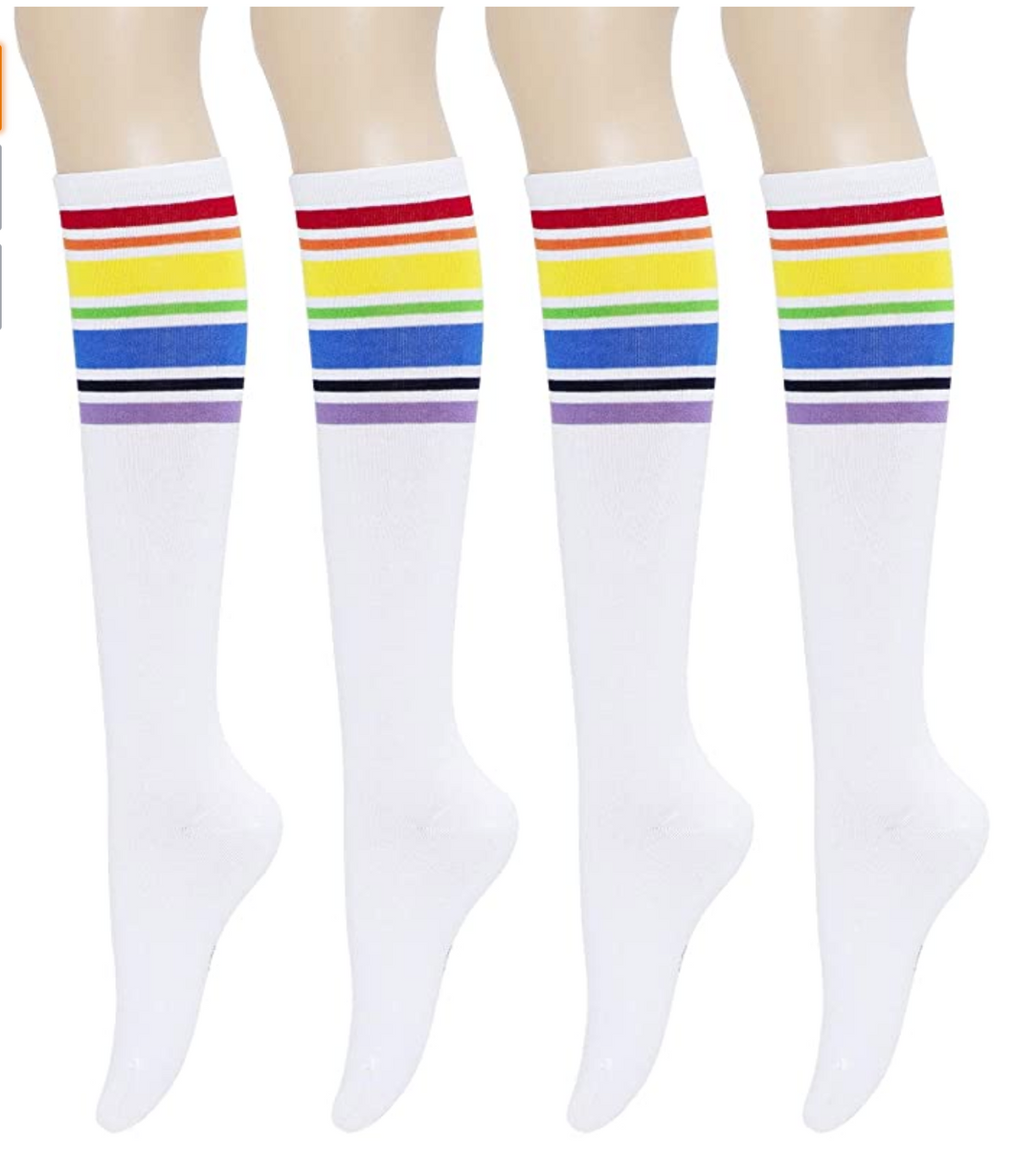 YEJIMONG Women's Striped Knee High Socks with Non-Slip Ribbed Cuffs - White (Rainbow Stripes) (4 Pairs / Size 6-10 / Combed Cotton)