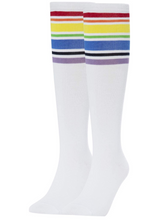 Load image into Gallery viewer, YEJIMONG Women&#39;s Striped Knee High Socks with Non-Slip Ribbed Cuffs - White (Rainbow Stripes) (4 Pairs / Size 6-10 / Combed Cotton)
