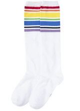 Load image into Gallery viewer, YEJIMONG Women&#39;s Striped Knee High Socks with Non-Slip Ribbed Cuffs - White (Rainbow Stripes) (4 Pairs / Size 6-10 / Combed Cotton)
