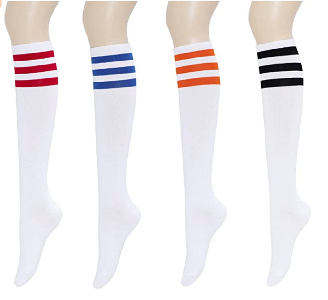YEJIMONG Women's Striped Knee High Socks with Non-Slip Ribbed Cuffs - White (Black / Navy / Orange / Red Stripes) (4 Pairs / Size 6-10 / Combed Cotton)