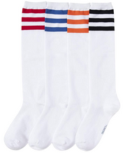 Load image into Gallery viewer, YEJIMONG Women&#39;s Striped Knee High Socks with Non-Slip Ribbed Cuffs - White (Black / Navy / Orange / Red Stripes) (4 Pairs / Size 6-10 / Combed Cotton)

