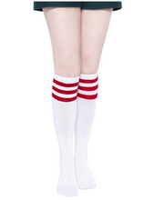 Load image into Gallery viewer, YEJIMONG Women&#39;s Striped Knee High Socks with Non-Slip Ribbed Cuffs - White (Black / Navy / Orange / Red Stripes) (4 Pairs / Size 6-10 / Combed Cotton)
