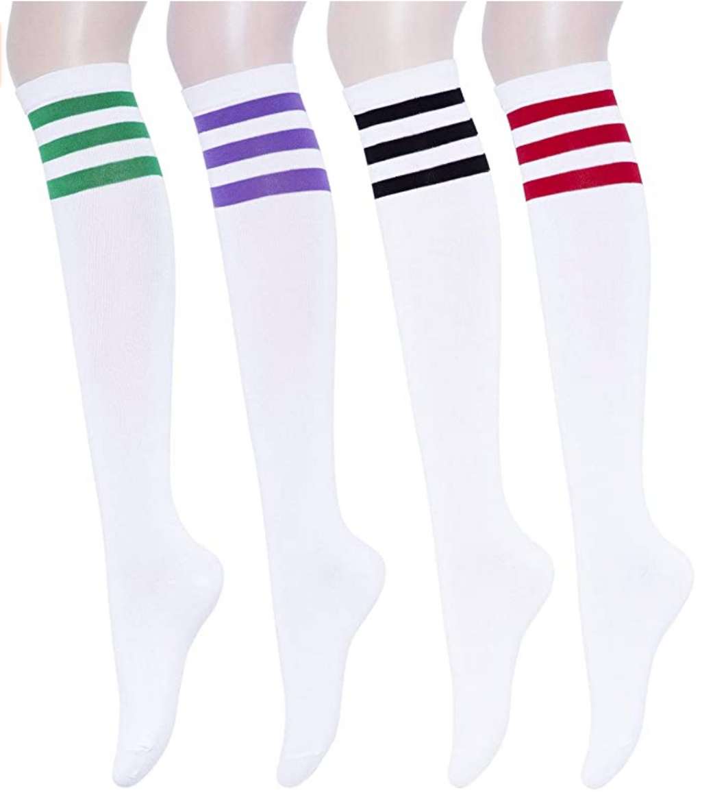 YEJIMONG Women's Striped Knee High Socks with Non-Slip Ribbed Cuffs - White (Red / Black / Purple / Green Stripes) (4 Pairs / Size 6-10 / Combed Cotton)