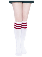 Load image into Gallery viewer, YEJIMONG Women&#39;s Striped Knee High Socks with Non-Slip Ribbed Cuffs - White (Red / Black / Purple / Green Stripes) (4 Pairs / Size 6-10 / Combed Cotton)
