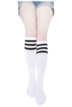 Load image into Gallery viewer, YEJIMONG Women&#39;s Striped Knee High Socks with Non-Slip Ribbed Cuffs - White (Red / Black / Purple / Green Stripes) (4 Pairs / Size 6-10 / Combed Cotton)
