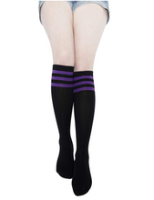 Load image into Gallery viewer, KONY Women&#39;s Casual &amp; Elastic Knee High Socks - Black &amp; Color Striped (4 Pairs / Size 6-10 / Cotton)
