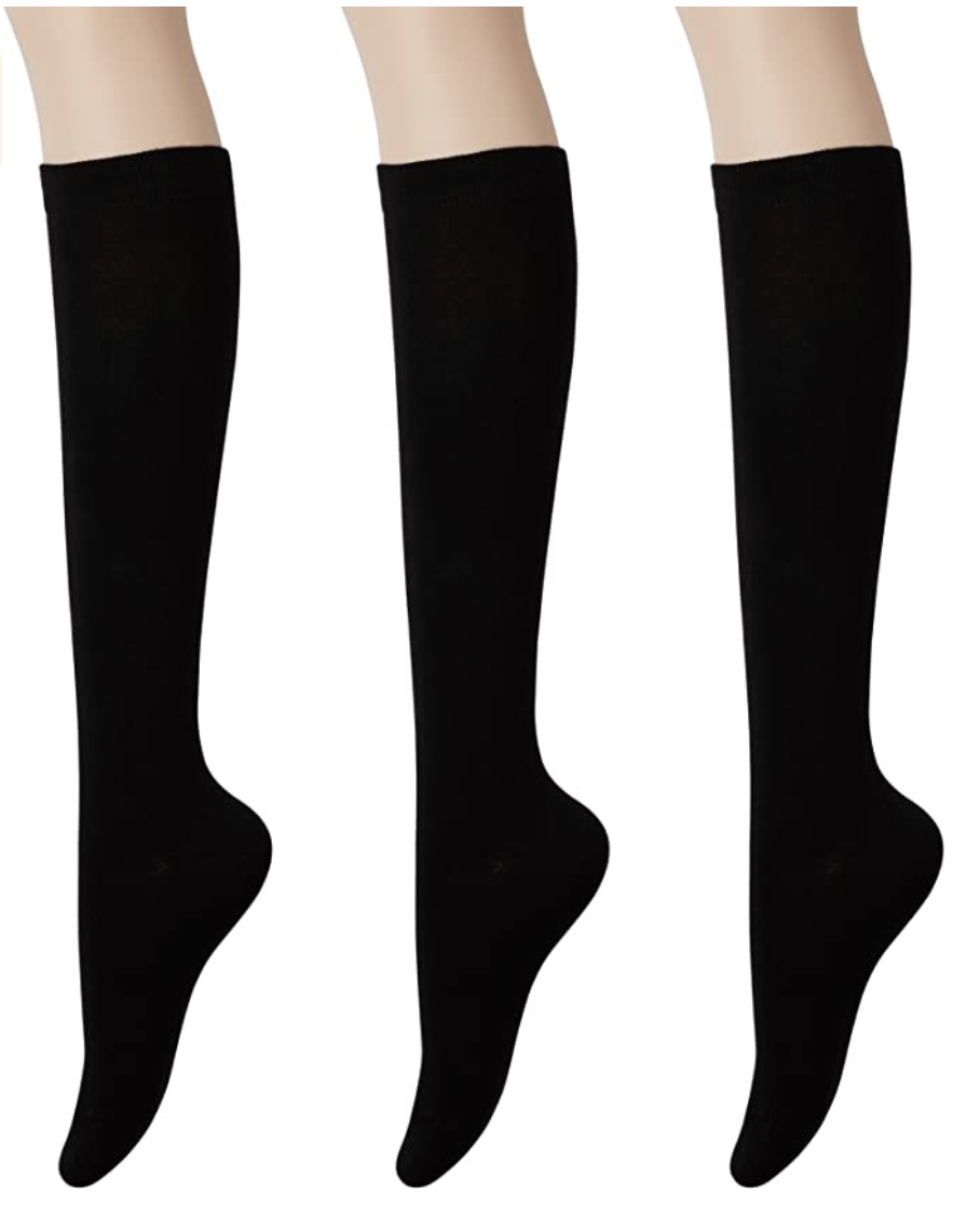 KONY Women's Casual & Elastic Knee High Socks - Solid Black (3 Pairs / Size 5 - 9 / Cotton)