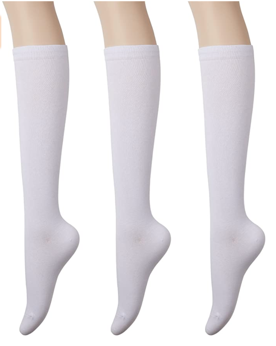 KONY Women's Casual & Elastic Knee High Socks - Solid White (3 Pairs / Size 5 - 9 / Cotton)