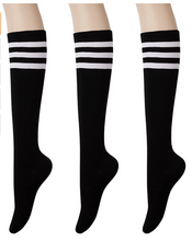 Load image into Gallery viewer, KONY Women&#39;s Casual &amp; Elastic Knee High Socks - Black &amp; White Striped (3 Pairs / Size 5 - 9 / Cotton)
