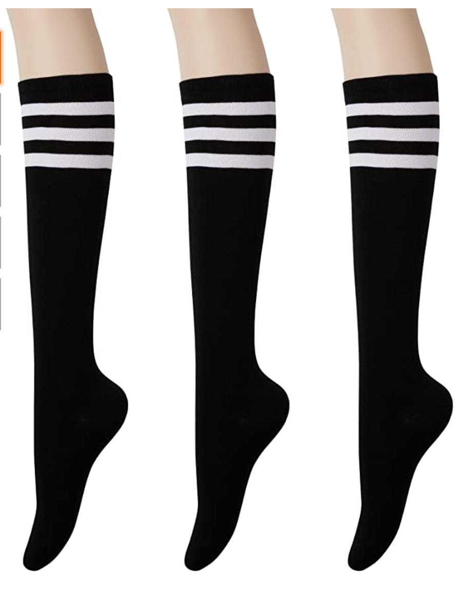 KONY Women's Casual & Elastic Knee High Socks - Black & White Striped (3 Pairs / Size 5 - 9 / Cotton)
