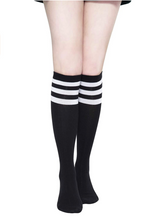Load image into Gallery viewer, KONY Women&#39;s Casual &amp; Elastic Knee High Socks - Black &amp; White Striped (3 Pairs / Size 5 - 9 / Cotton)
