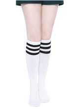Load image into Gallery viewer, KONY Women&#39;s Casual &amp; Elastic Knee High Socks - White &amp; Black Striped (3 Pairs / Size 5 - 9 / Cotton)
