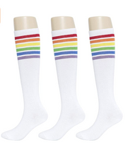 Load image into Gallery viewer, KONY Women&#39;s Casual &amp; Elastic Knee High Socks - White &amp; Rainbow Striped (3 Pairs / Size 6 - 10 / Cotton)
