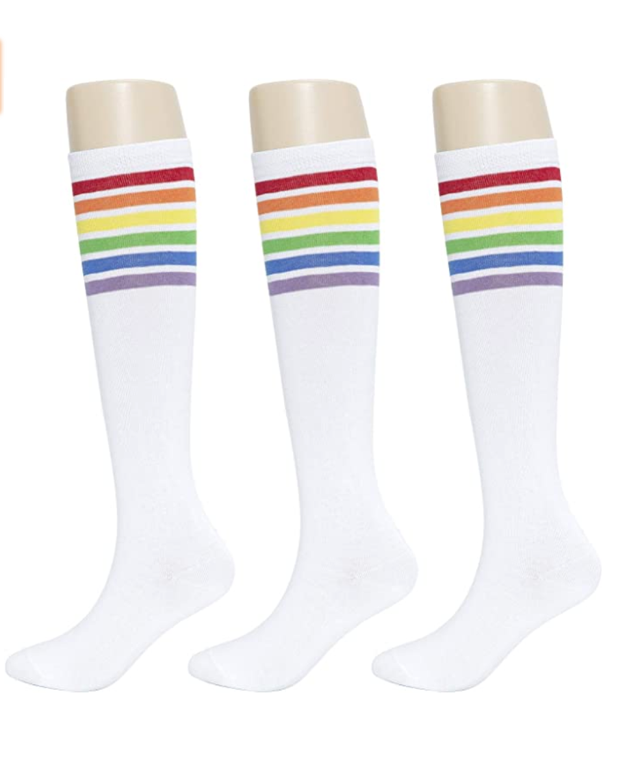 KONY Women's Casual & Elastic Knee High Socks - White & Rainbow Striped (3 Pairs / Size 6 - 10 / Cotton)