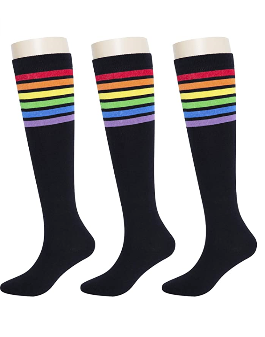 KONY Women's Casual & Elastic Knee High Socks - Black & Rainbow Striped (3 Pairs / Size 6 - 10 / Cotton)