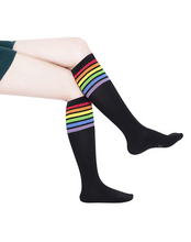 Load image into Gallery viewer, KONY Women&#39;s Casual &amp; Elastic Knee High Socks - Black &amp; Rainbow Striped (3 Pairs / Size 6 - 10 / Cotton)
