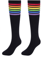 Load image into Gallery viewer, KONY Women&#39;s Casual &amp; Elastic Knee High Socks - Black &amp; Rainbow Striped (3 Pairs / Size 6 - 10 / Cotton)
