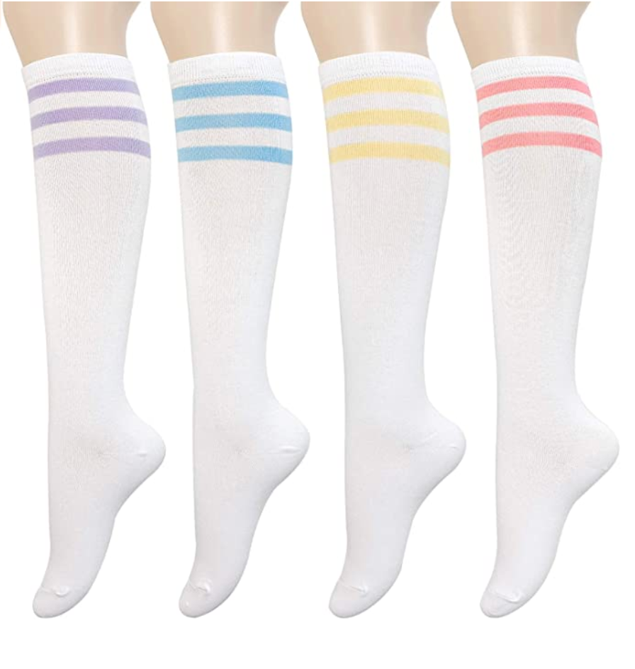 KONY Women's Casual & Elastic Knee High Socks - White & Color Striped (4 Pairs / Size 6-10 / Cotton)