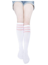 Load image into Gallery viewer, KONY Women&#39;s Casual &amp; Elastic Knee High Socks - White &amp; Color Striped (4 Pairs / Size 6-10 / Cotton)
