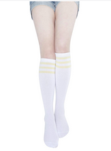 Load image into Gallery viewer, KONY Women&#39;s Casual &amp; Elastic Knee High Socks - White &amp; Color Striped (4 Pairs / Size 6-10 / Cotton)
