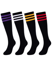 Load image into Gallery viewer, KONY Women&#39;s Casual &amp; Elastic Knee High Socks - Black &amp; Color Striped (4 Pairs / Size 6-10 / Cotton)
