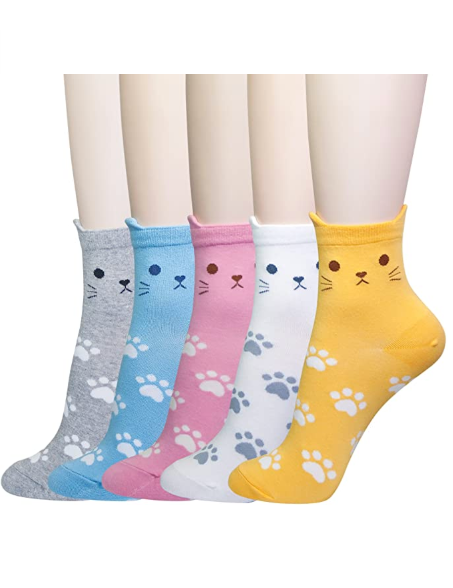 KONY Women's Animal Novelty Crew Socks - Cute Cats (5 Pack / Size 6-9 / Cotton)