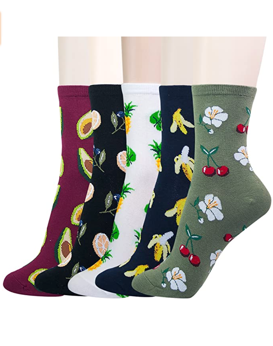 YourFeet Women’s Novelty Crew Socks - Fruits (5 Pairs / Size 6-9 / Cotton)