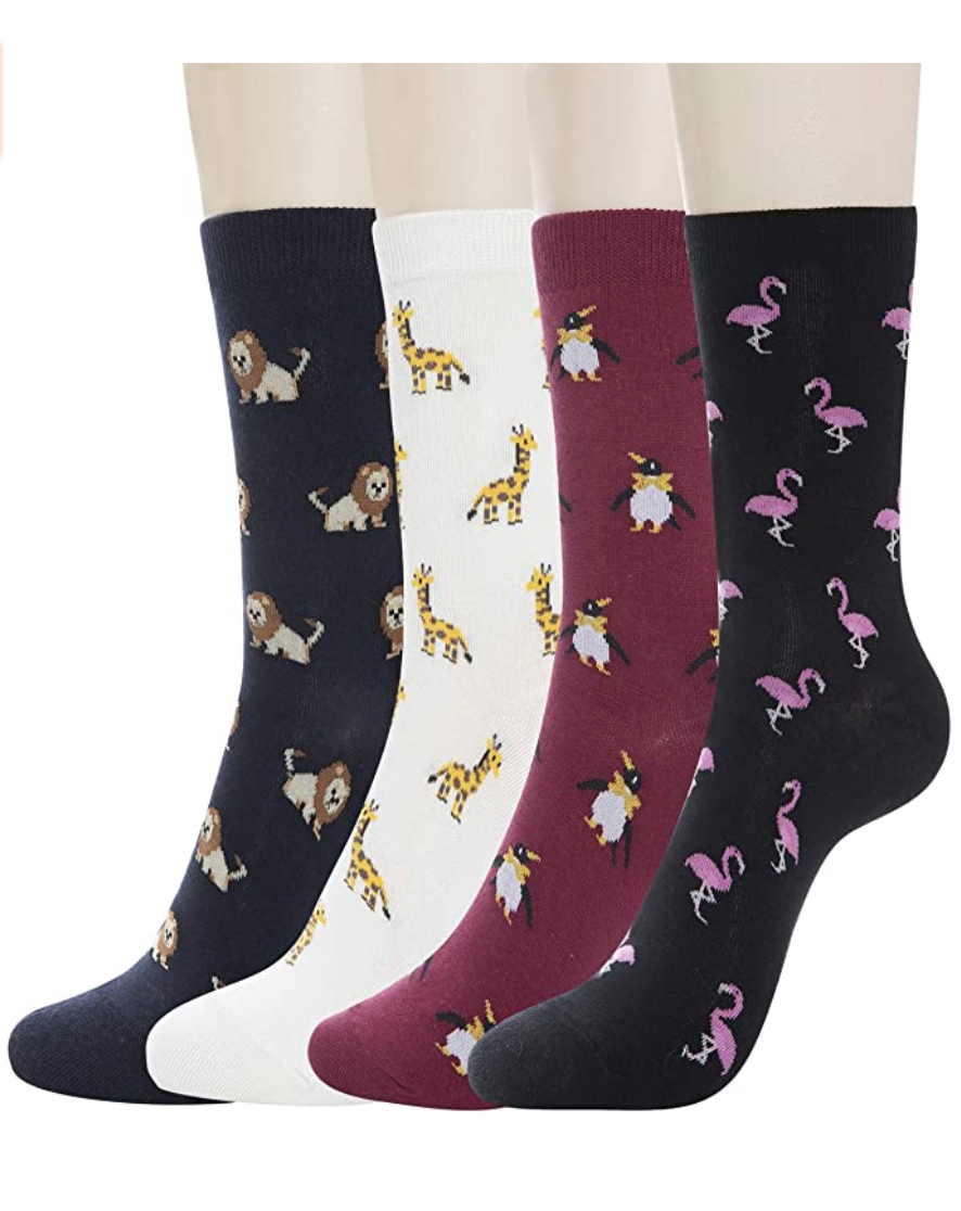 KONY Women's Animal Novelty Crew Socks - Various Animals (4 Pack / Size 6-9 / Cotton)