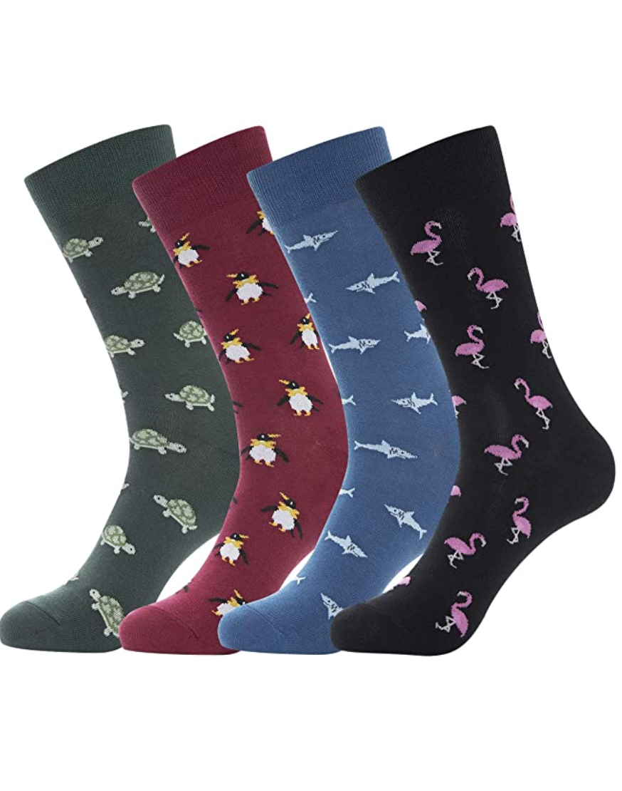 KONY Men's Colorful Novelty Dress Socks - Marine Animal (4 Pack / Size 9 -12 / Cotton)